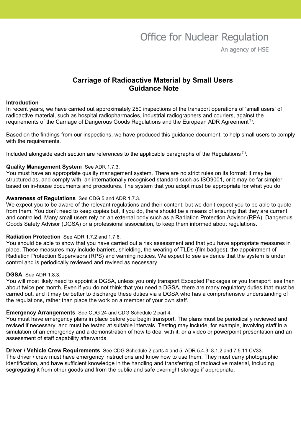 Carriage of Radioactive Material by Small Users