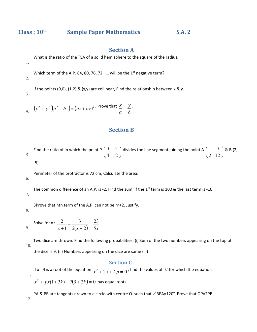 Class : 10Th Sample Paper Mathematics S.A. 2