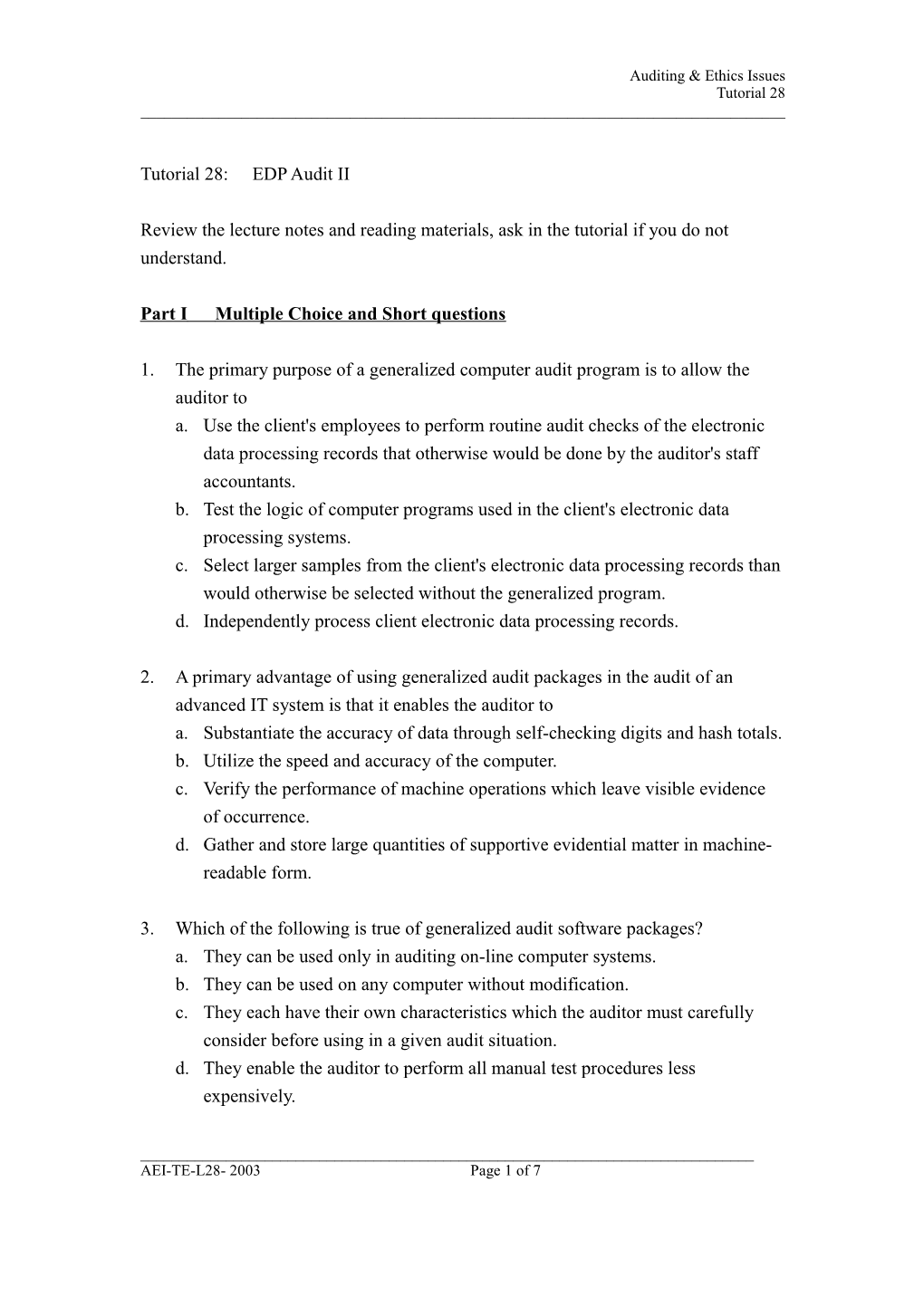 Part Imultiple Choice and Short Questions