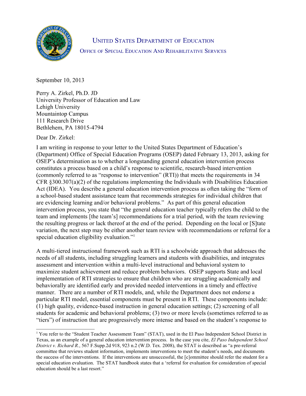Policy Letter to Perry A. Zirkel-RTI-9-10-13