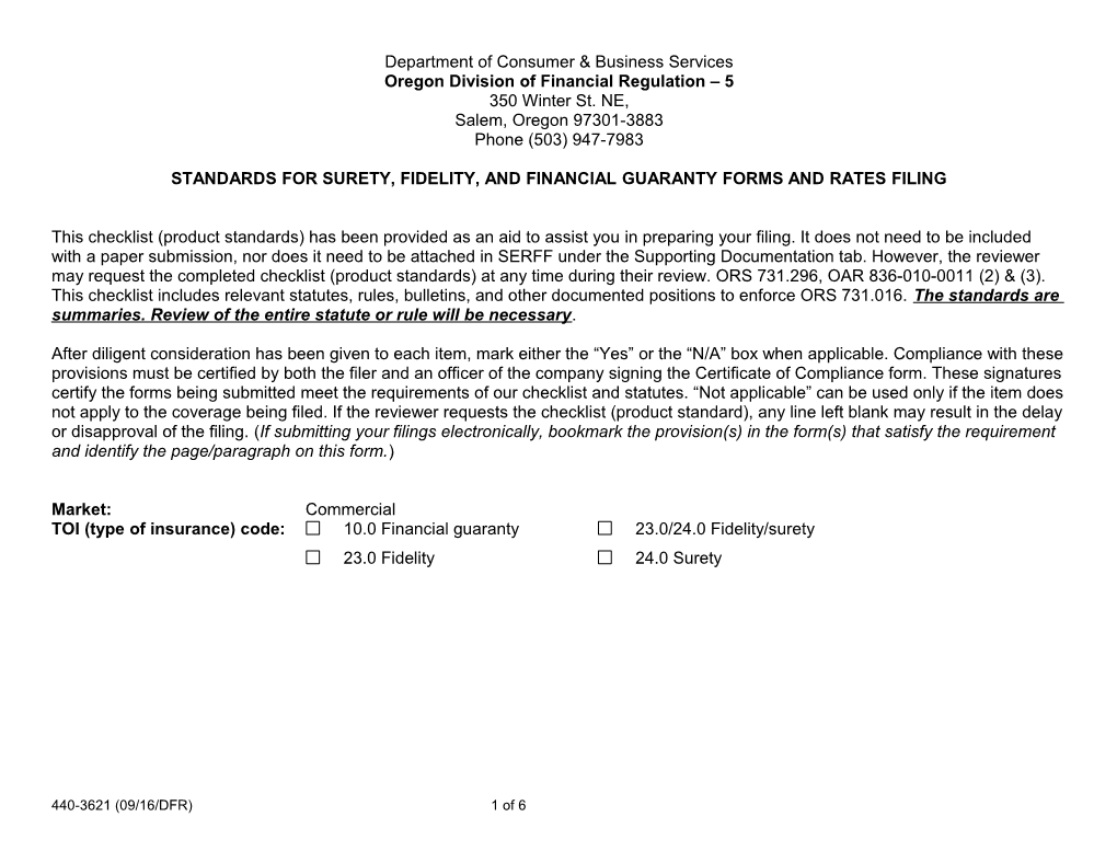 Form 3621, Standards for Surety and Fedelity Forms and Rates Filing, Form # 440-3621, Rev. 4/05