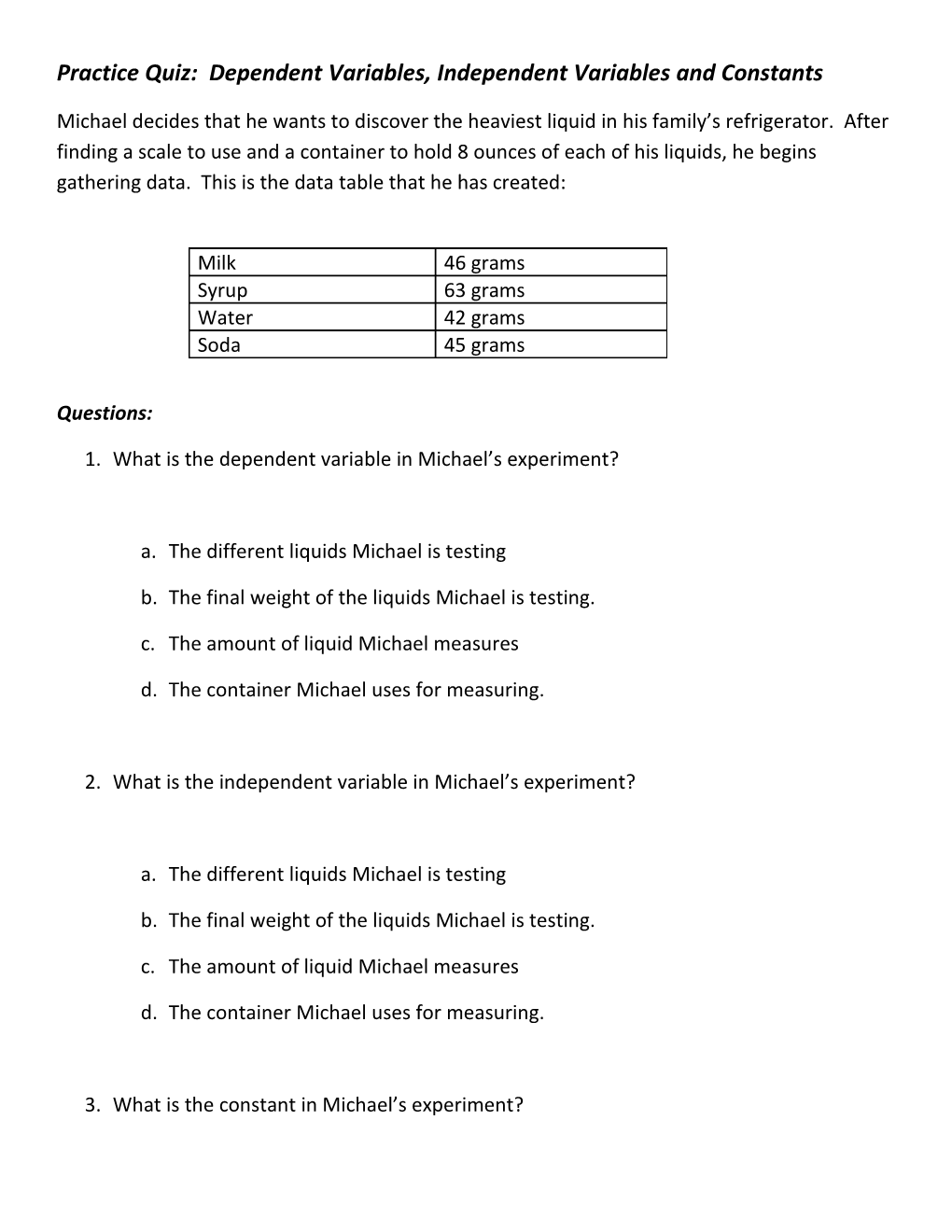 Practice Quiz: Dependent Variables, Independent Variables and Constants