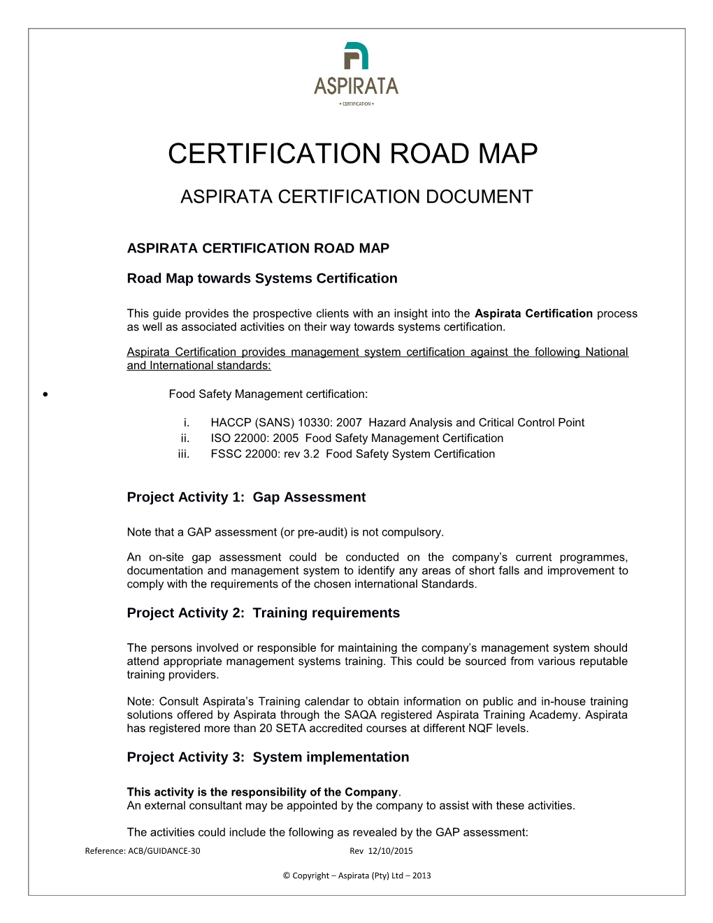 Aspirata Certification Road Map