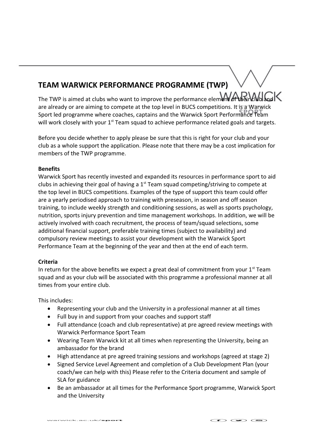 Team Warwick Performance Programme (Twp)