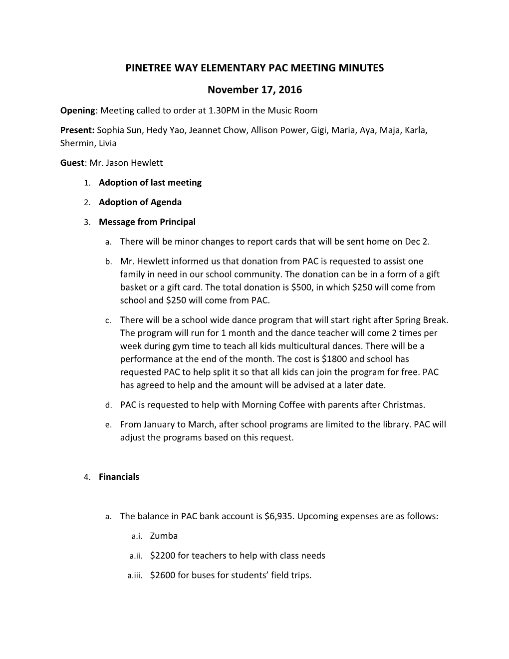 Pinetree Way Elementary Pac Meeting Minutes