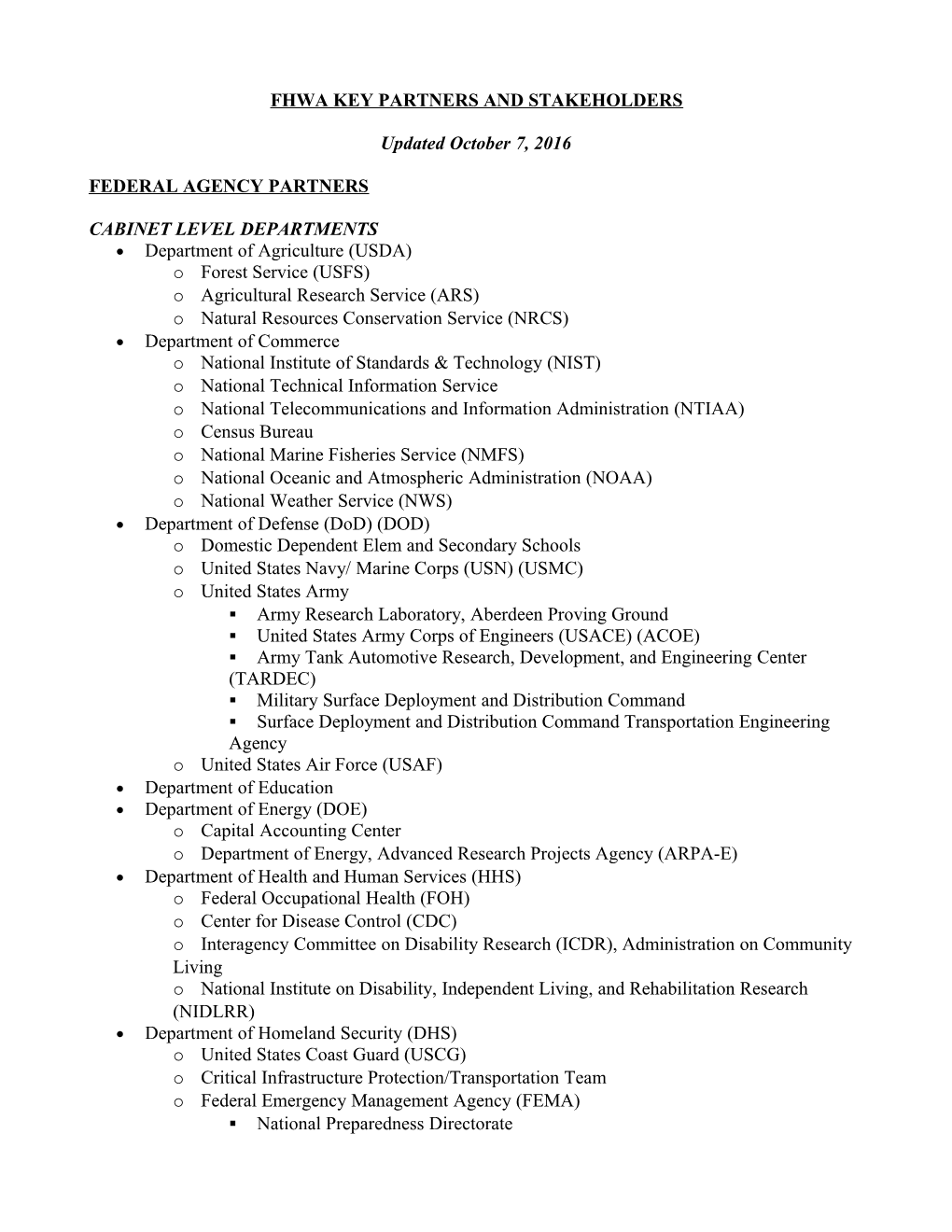 FHWA KEY PARTNERS and STAKEHOLDERS