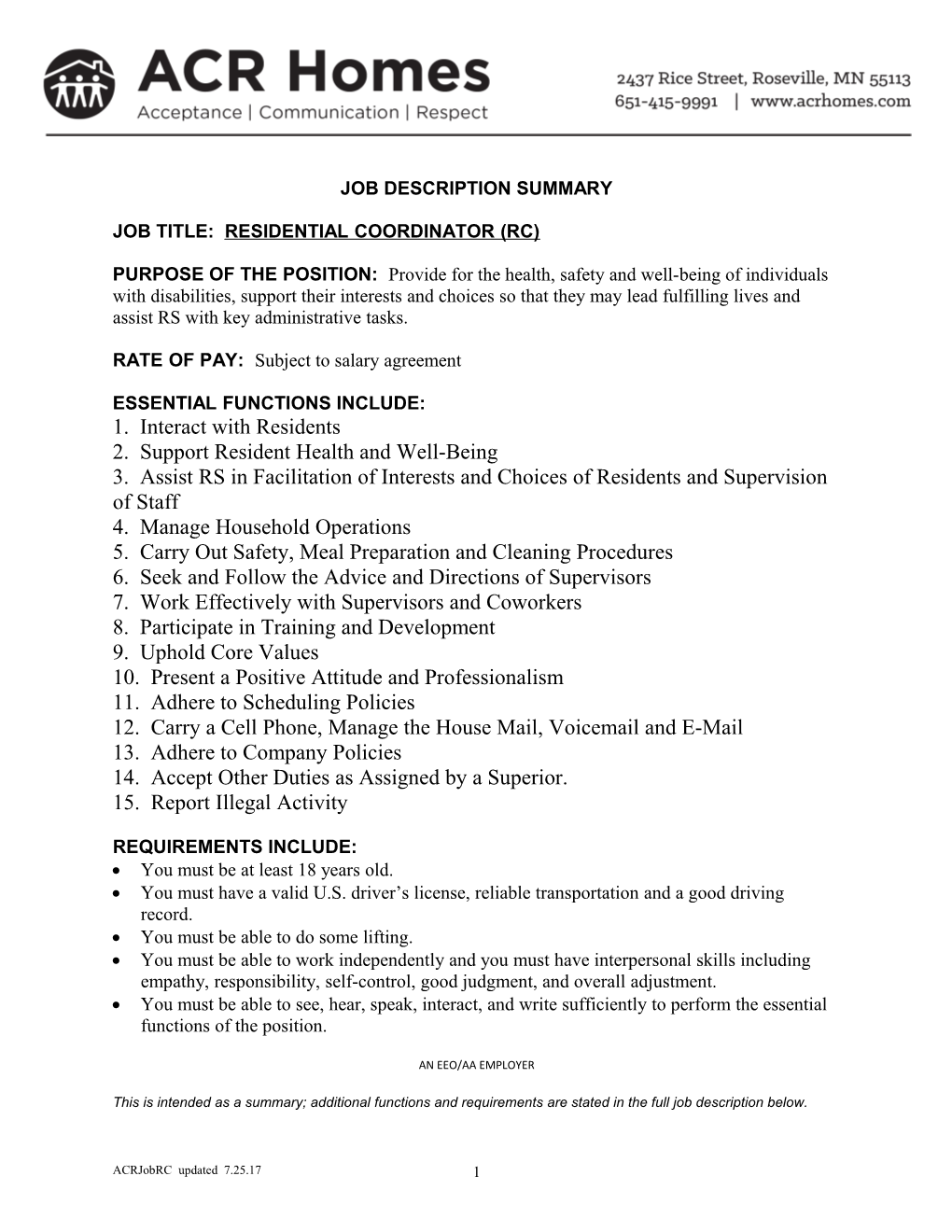 Job Title: Residential Coordinator (Rc)