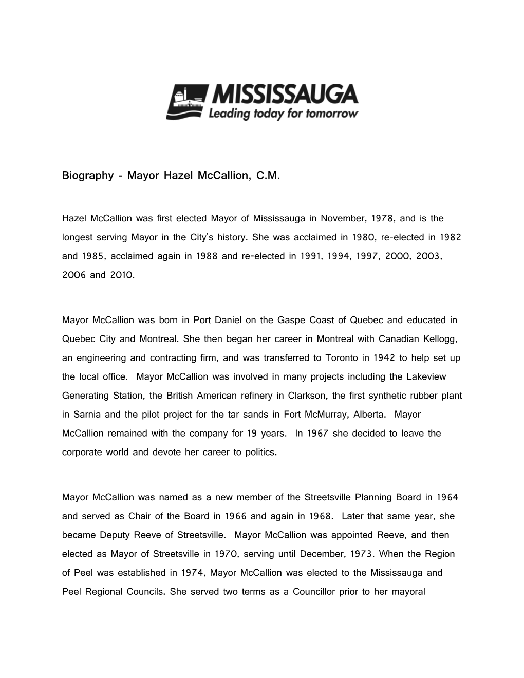 Biography - Mayor Hazel Mccallion