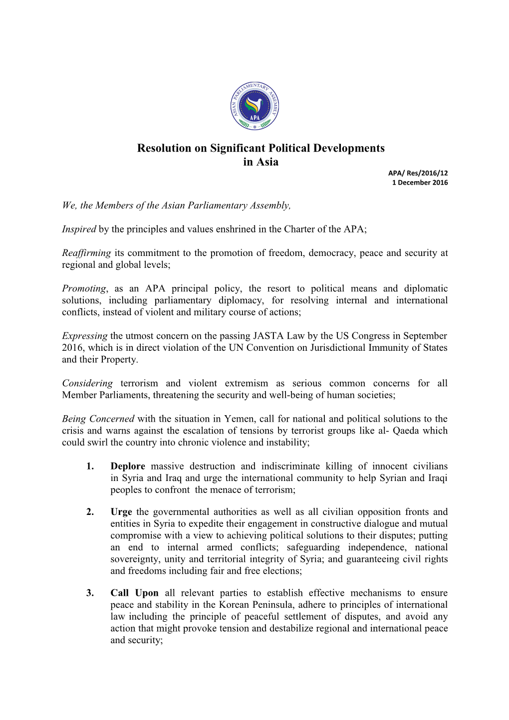 Resolution on Significant Political Developments in Asia
