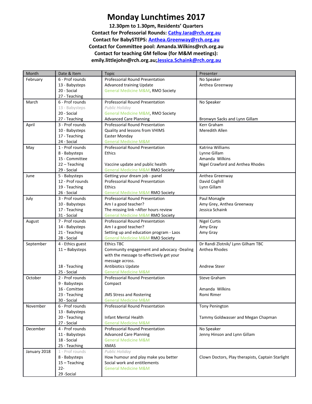 Contact for Professorial Rounds