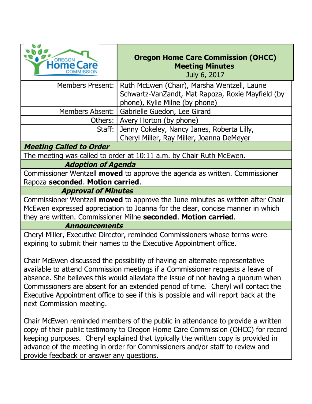 Home Care Commission Minutes July 6 2017