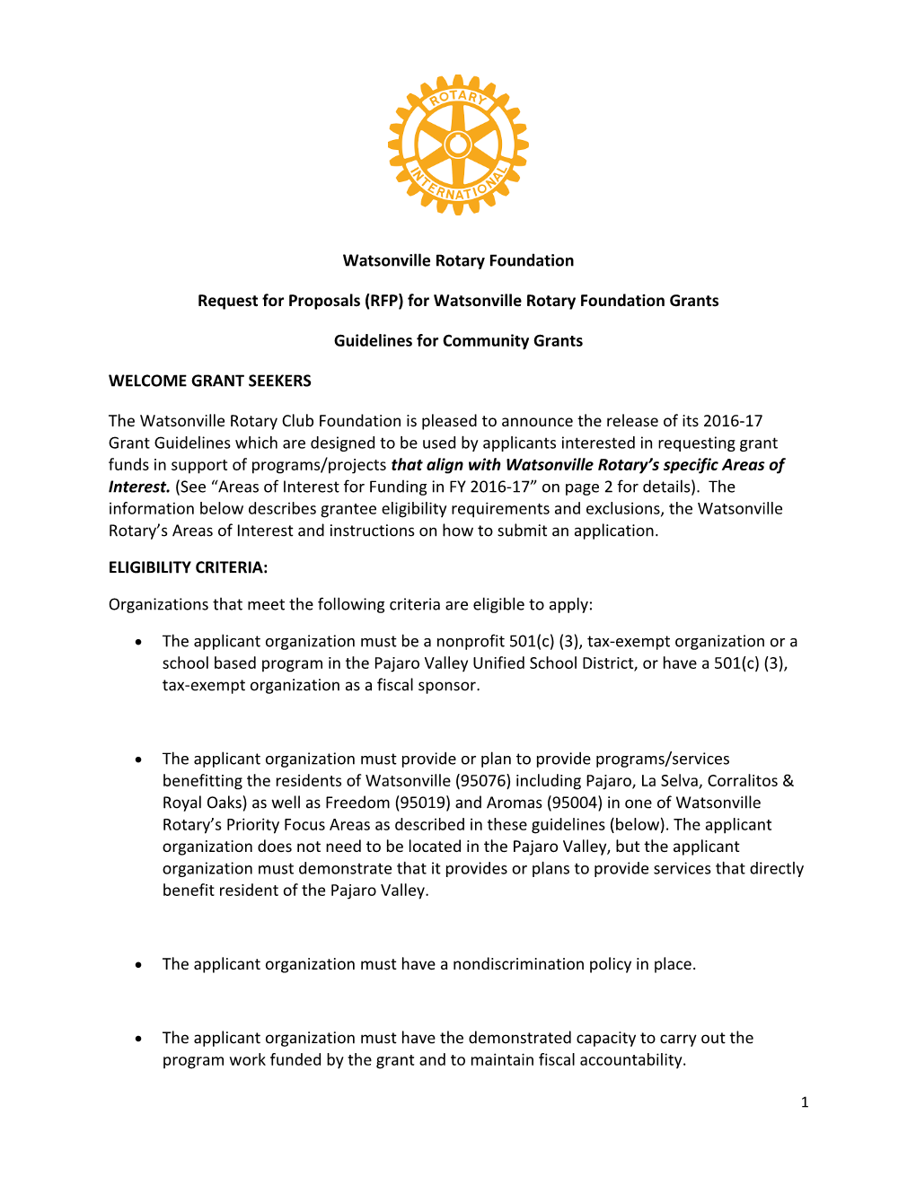 Request for Proposals (RFP) for Watsonville Rotary Foundation Grants