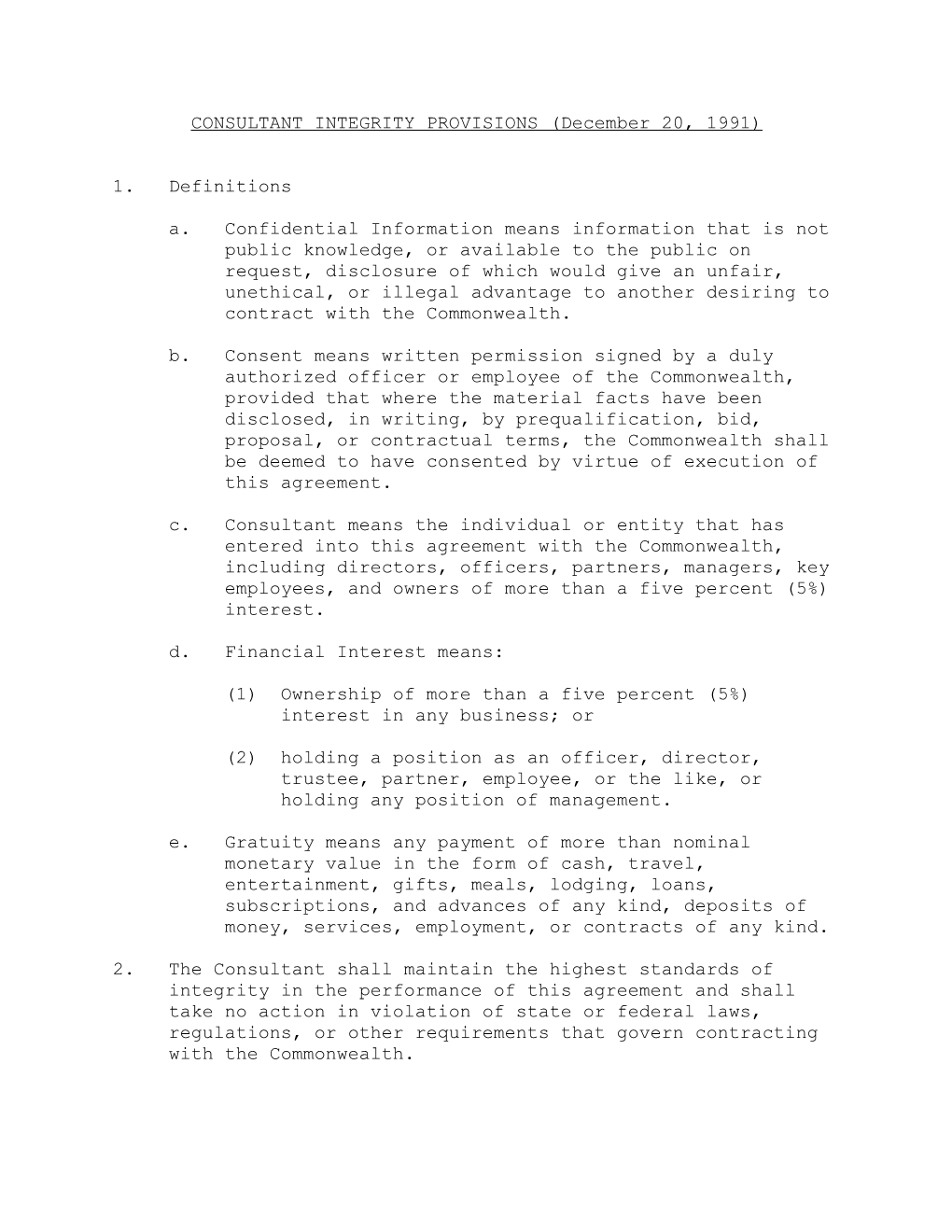 CONSULTANT INTEGRITY PROVISIONS, April 1992