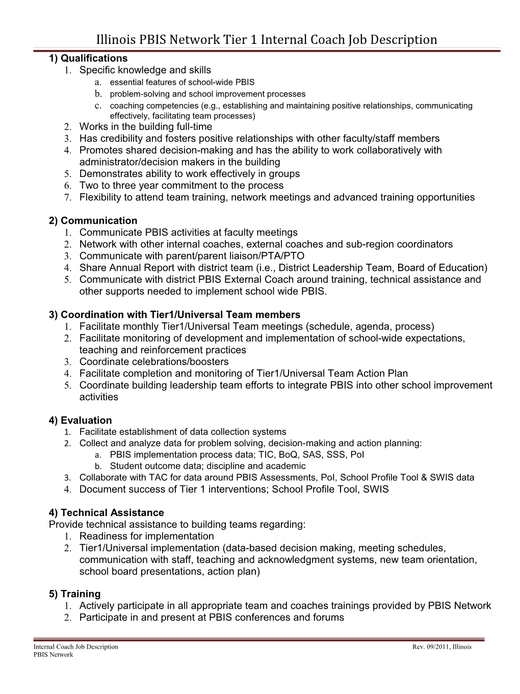 Illinois PBIS Network Tier 1 Internal Coach Job Description