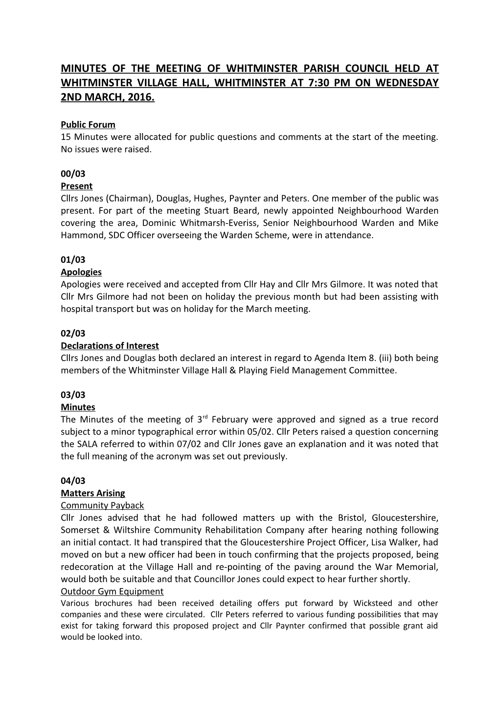 Minutes of the Meeting of Whitminster Parish Council Held at Whitminster Village Hall