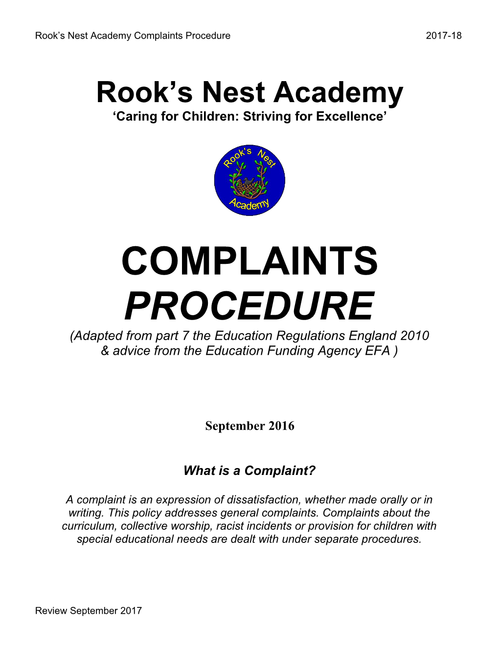 Rook S Nest Academy Complaints Procedure 2017-18