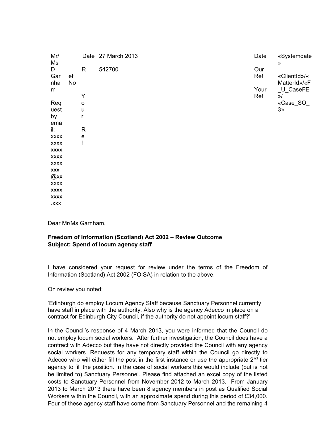 Freedom of Information (Scotland) Act 2002 Review Outcome