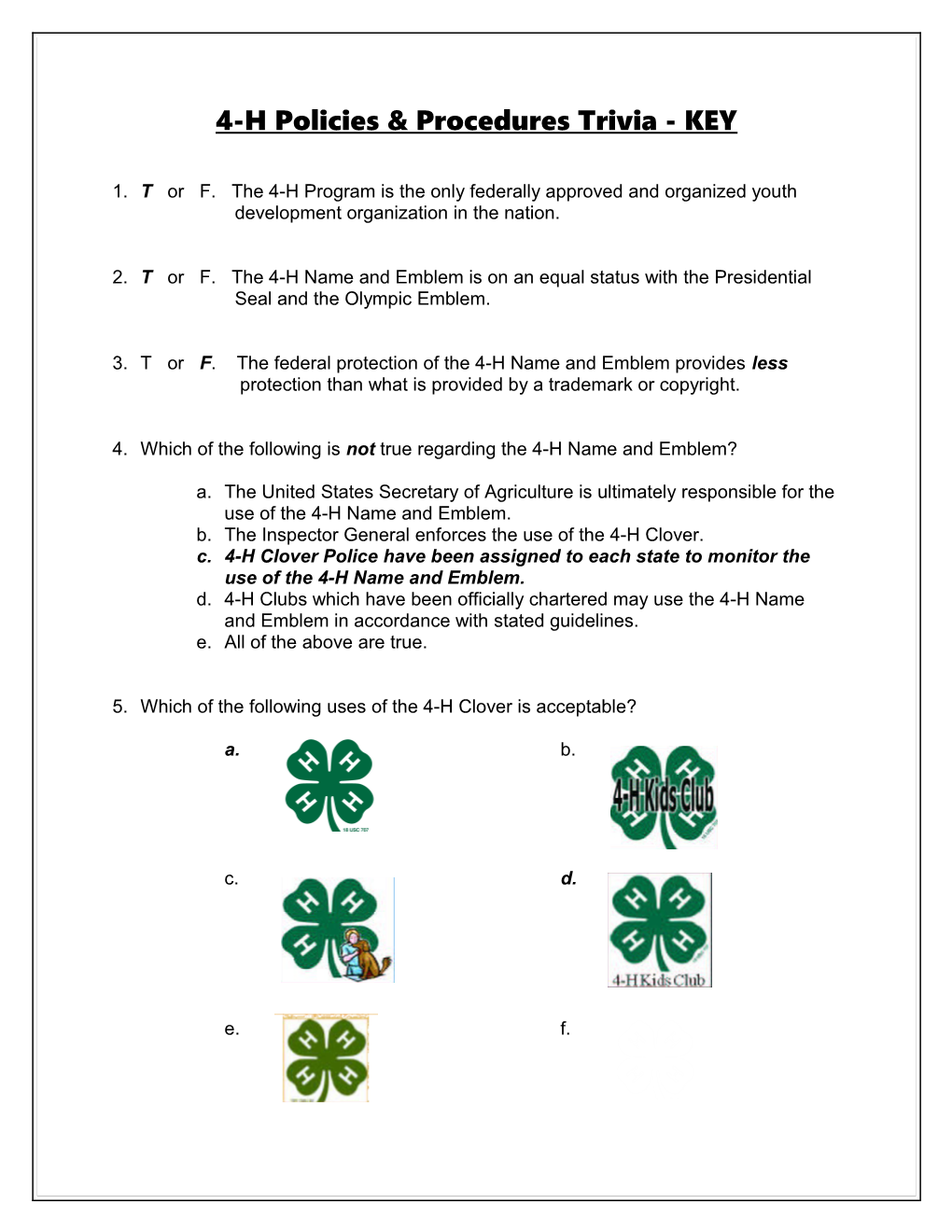 4-H Policies & Procedures Trivia - KEY