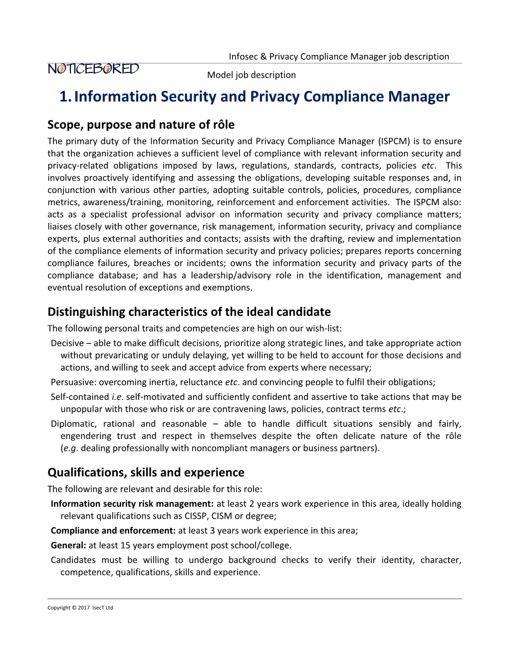 NB Model Job Description for Infosec & Privacy Compliance Manager