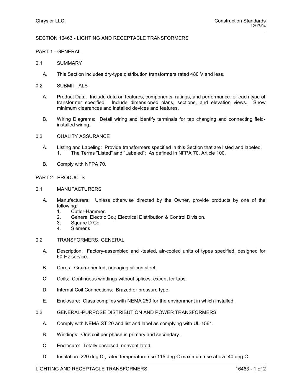 Section 16463 - Lighting and Receptacle Transformers