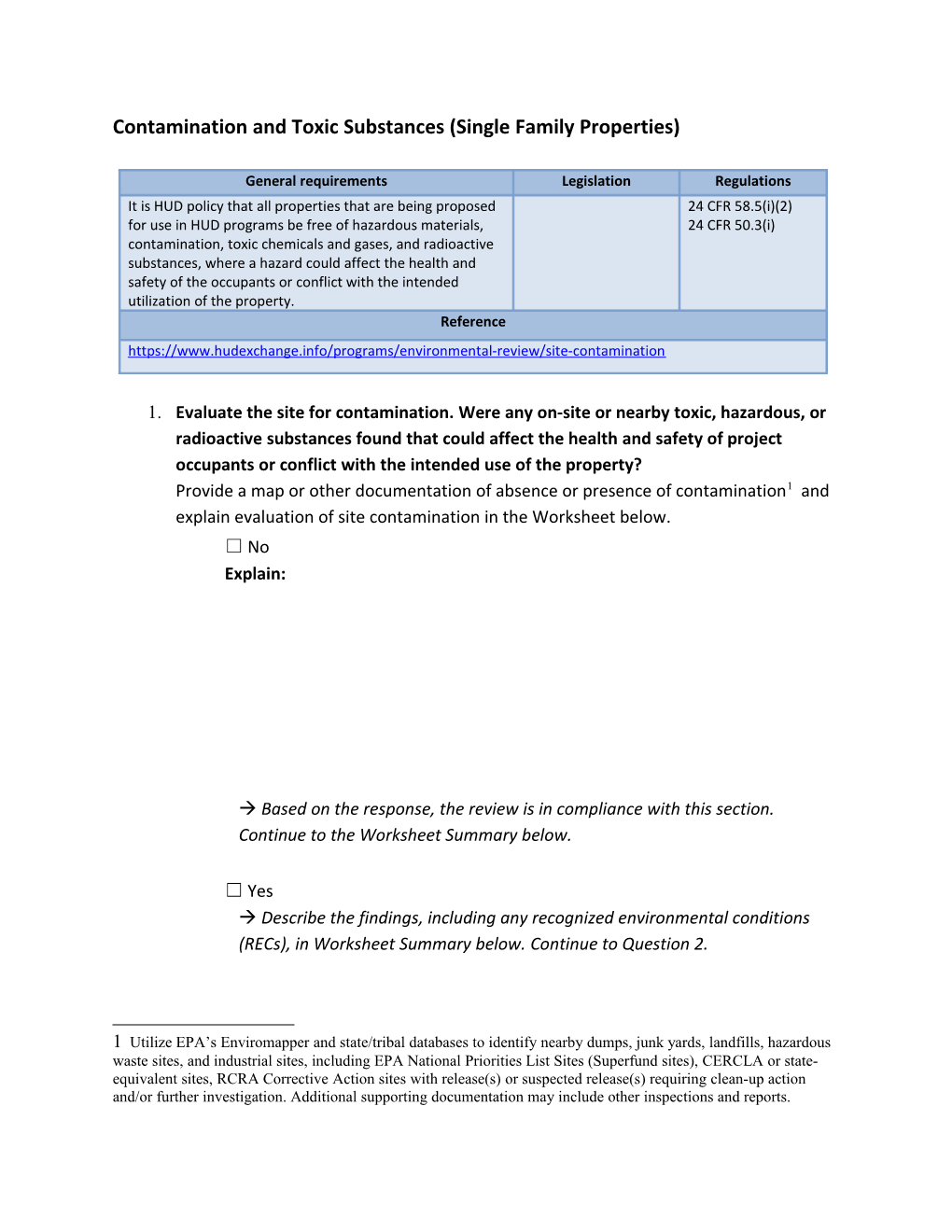 Site Contamination (Single Family) - Worksheet