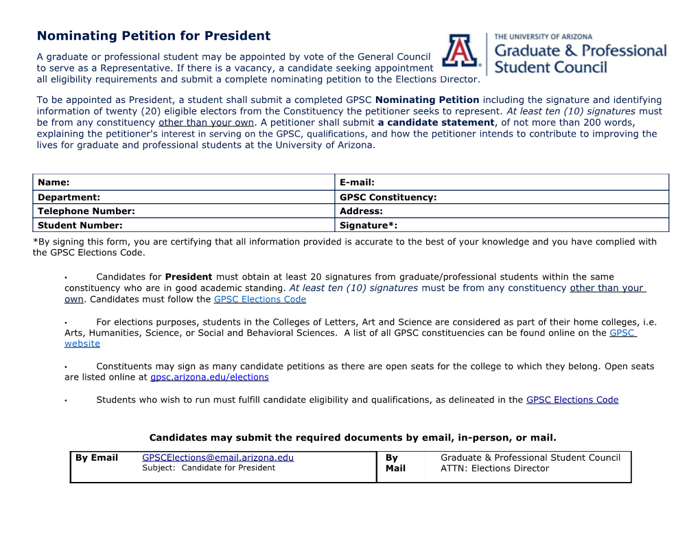 Nominating Petition for President