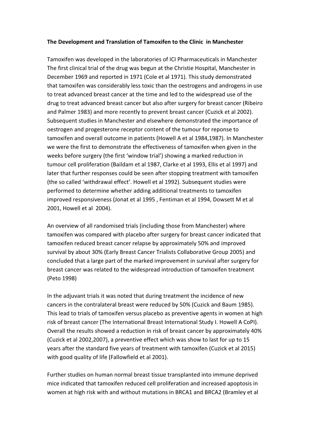 The Development and Translation of Tamoxifen to the Clinic in Manchester