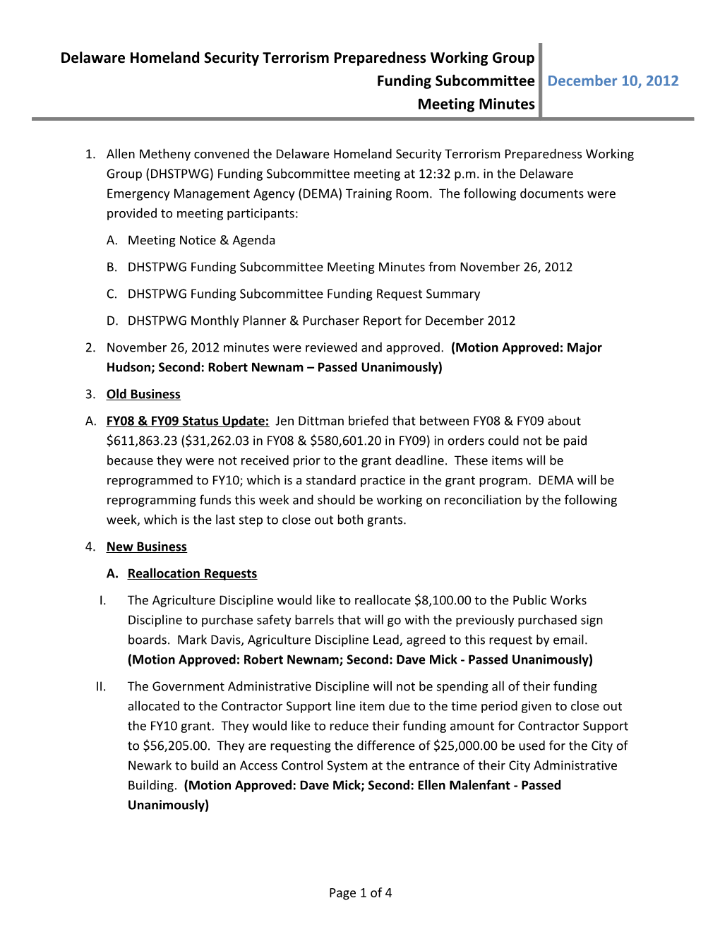 DHSTPWG Funding Subcommittee Funding Request Summary