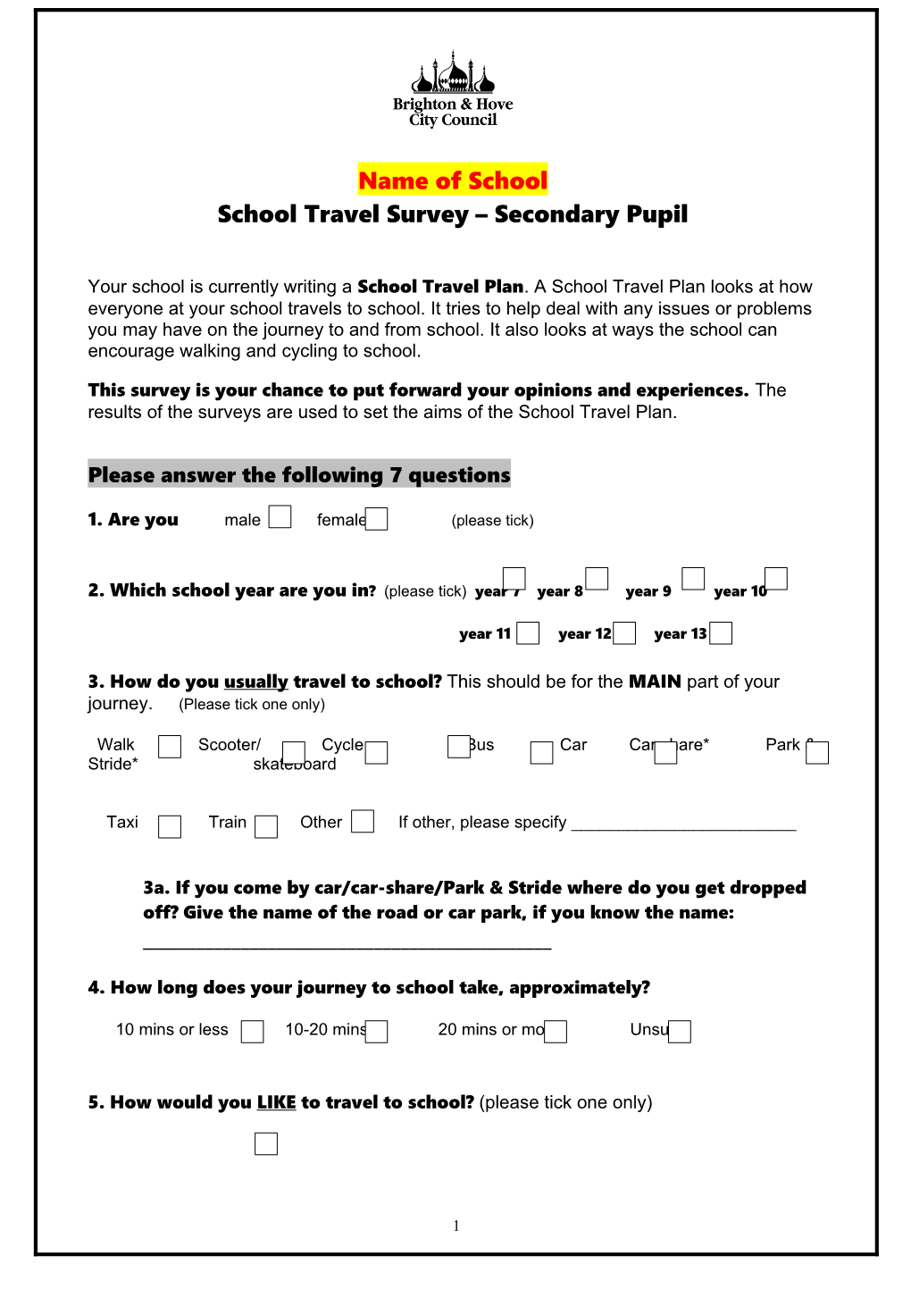 School Travel Plan Questionnaire