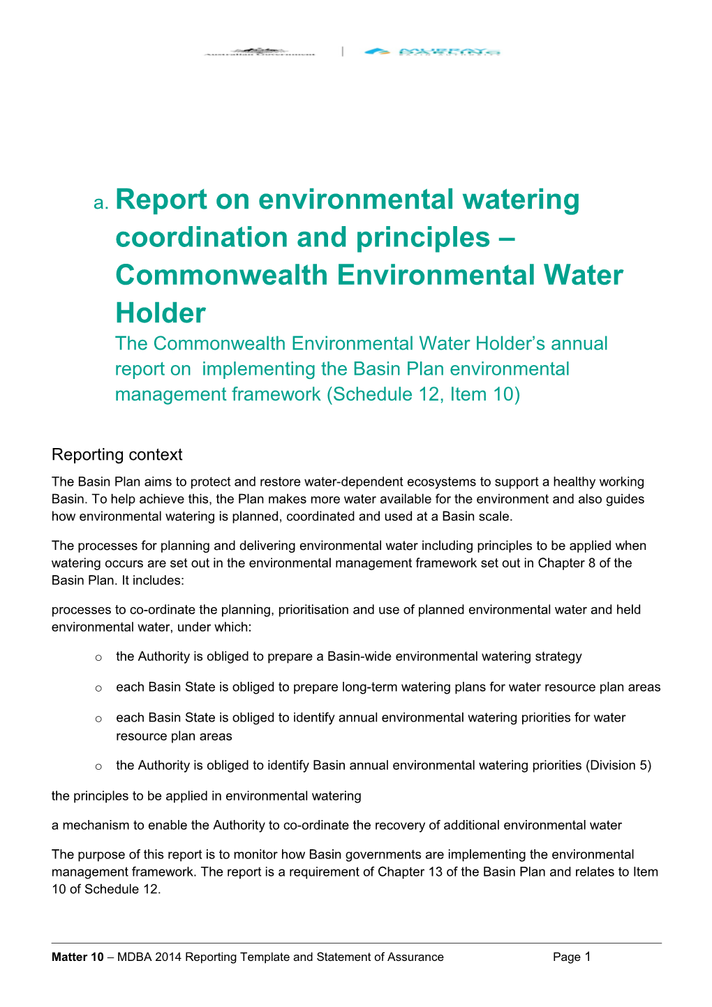 Report on Environmental Watering Coordination and Principles Commonwealth Environmental