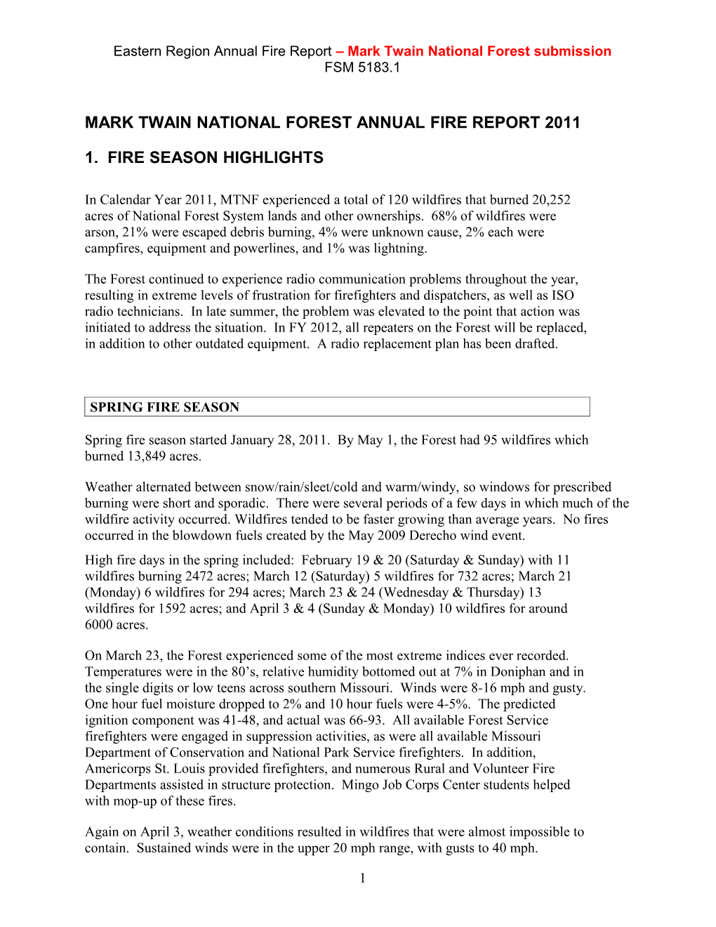 Mark Twain National Forest Annual Fire Report 2011