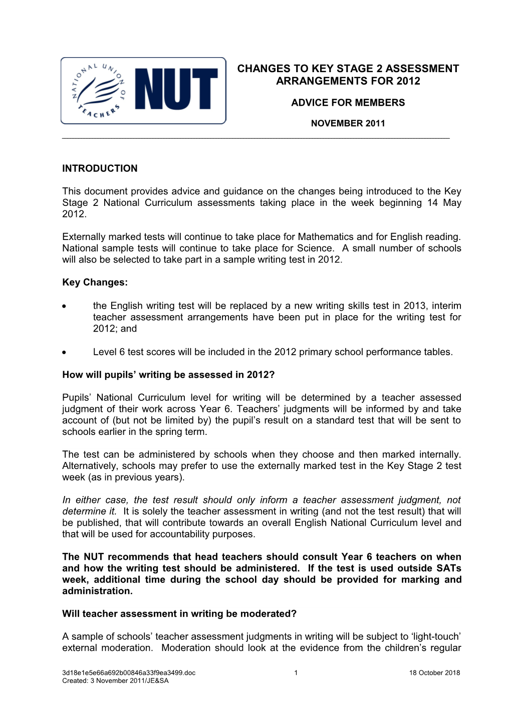 Changes to Key Stage 2 Assessment Arrangements for 2012