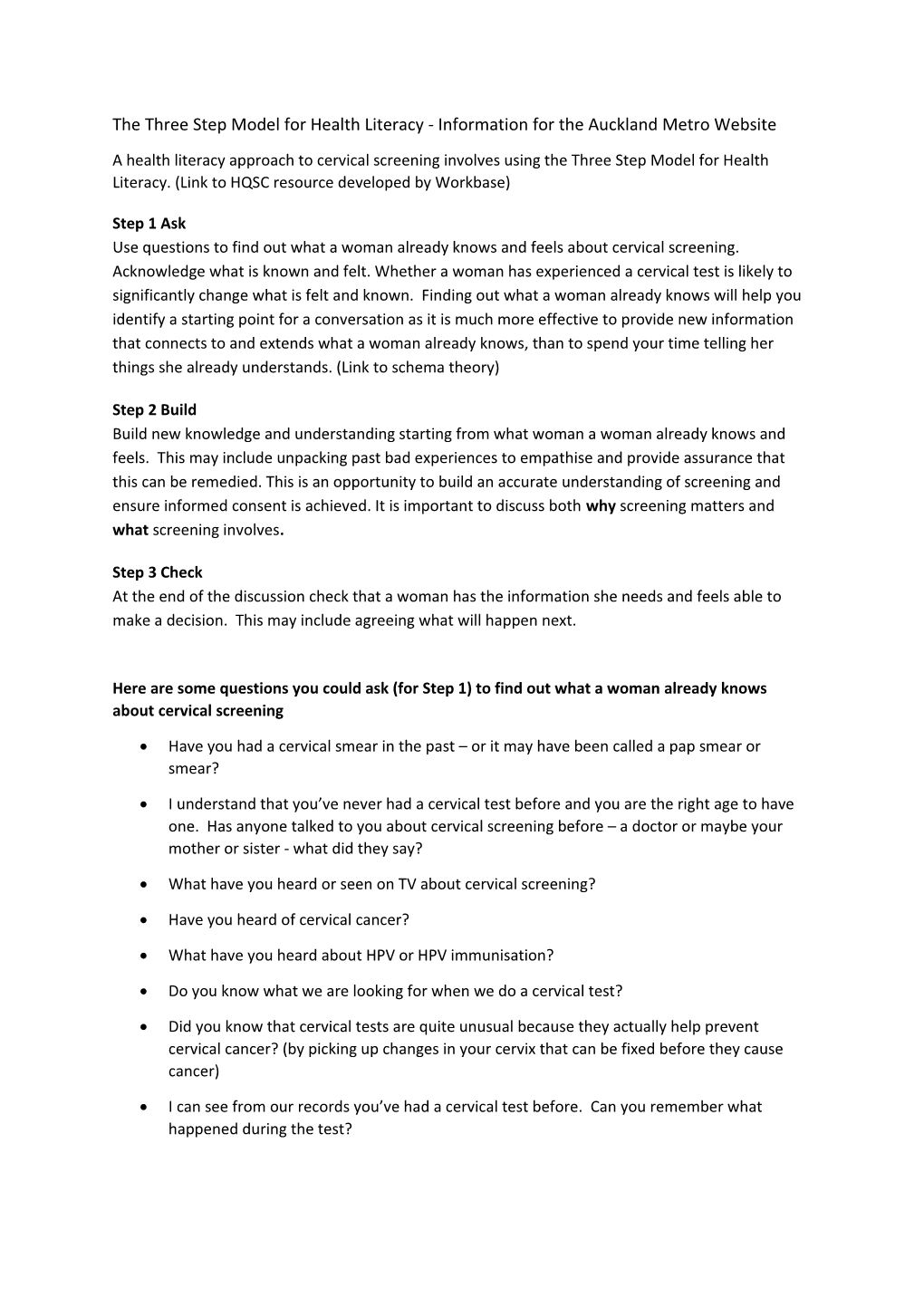 The Three Step Model for Health Literacy - Information for the Auckland Metro Website