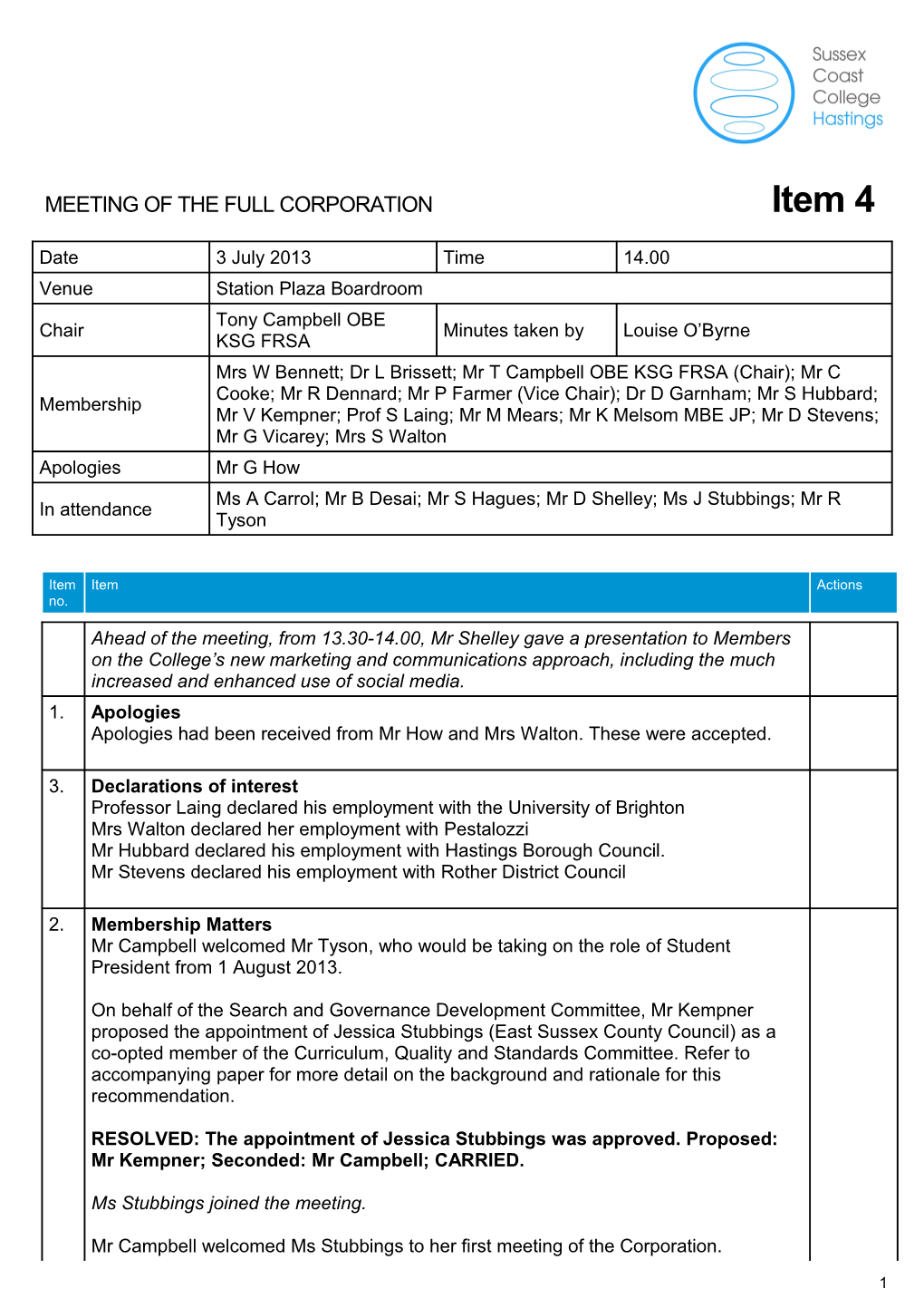 MEETING of the FULL Corporationitem 4