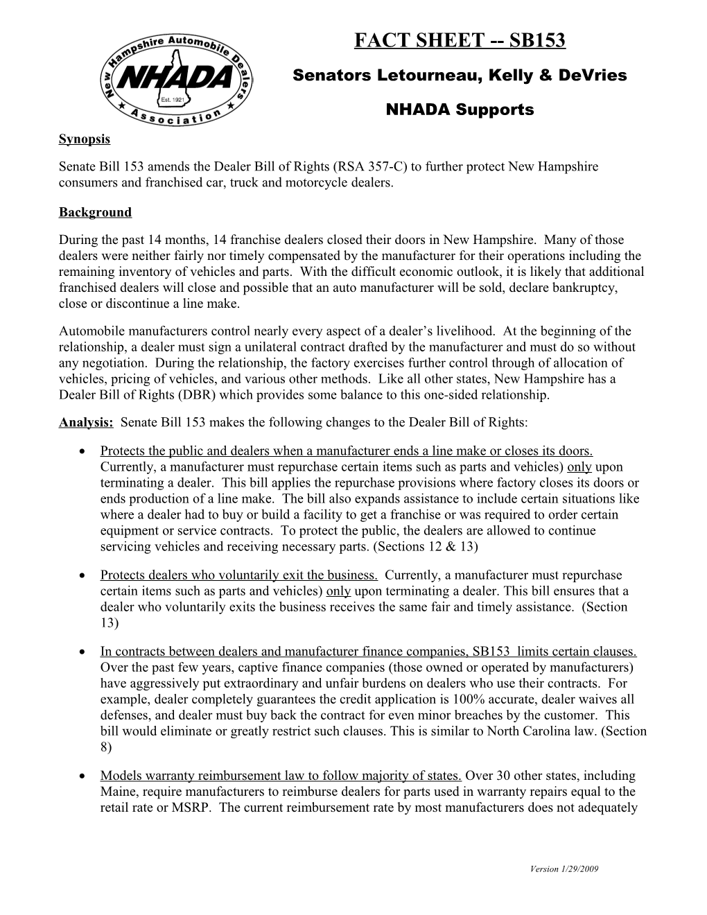 Analysis: Senate Bill 153Makes the Following Changes to the Dealer Bill of Rights