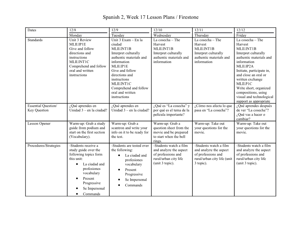 Spanish 2, Week 17 Lesson Plans / Firestone