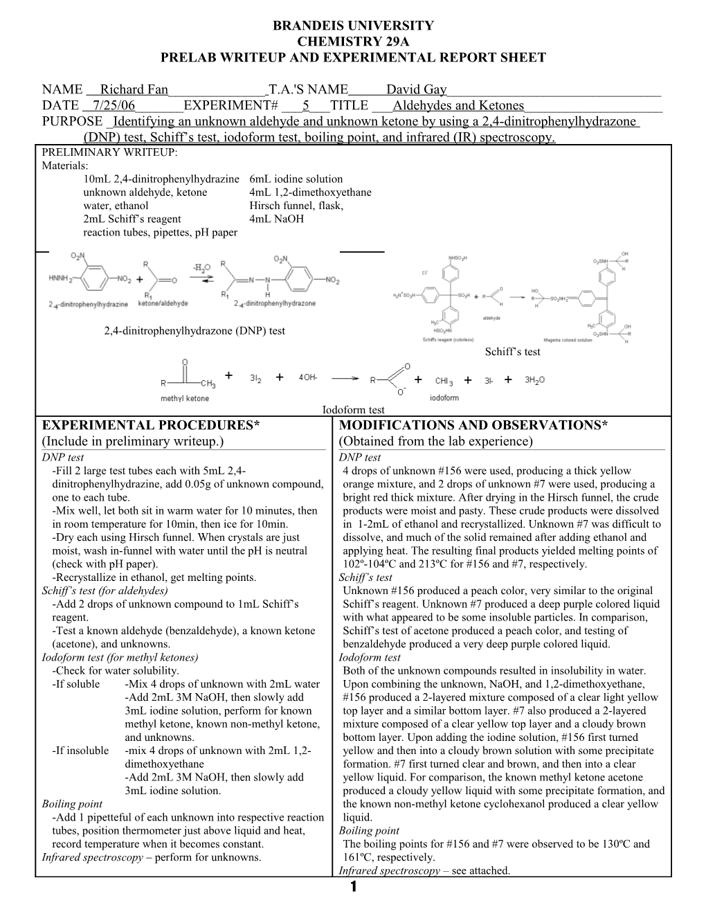 Prelab Writeup and Experimental Report Sheet