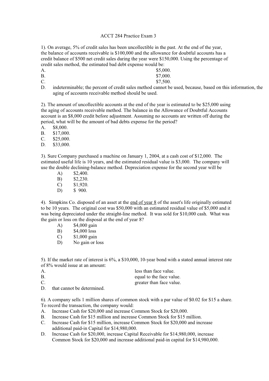 ACCT 284 Practice Exam 3