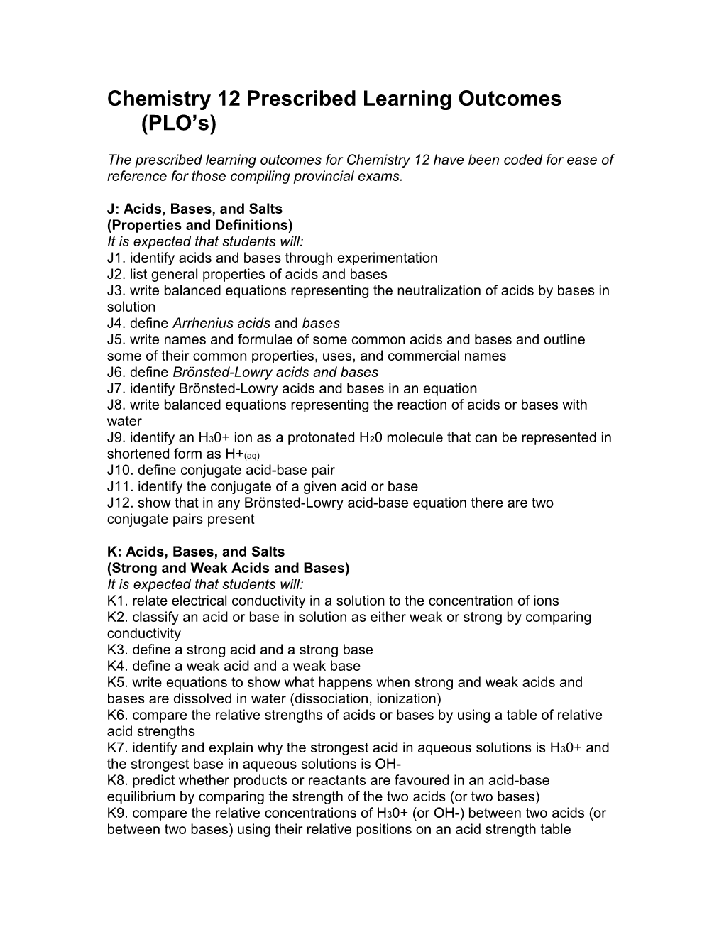 Chemistry 12 Prescribed Learning Outcomes (PLO S)