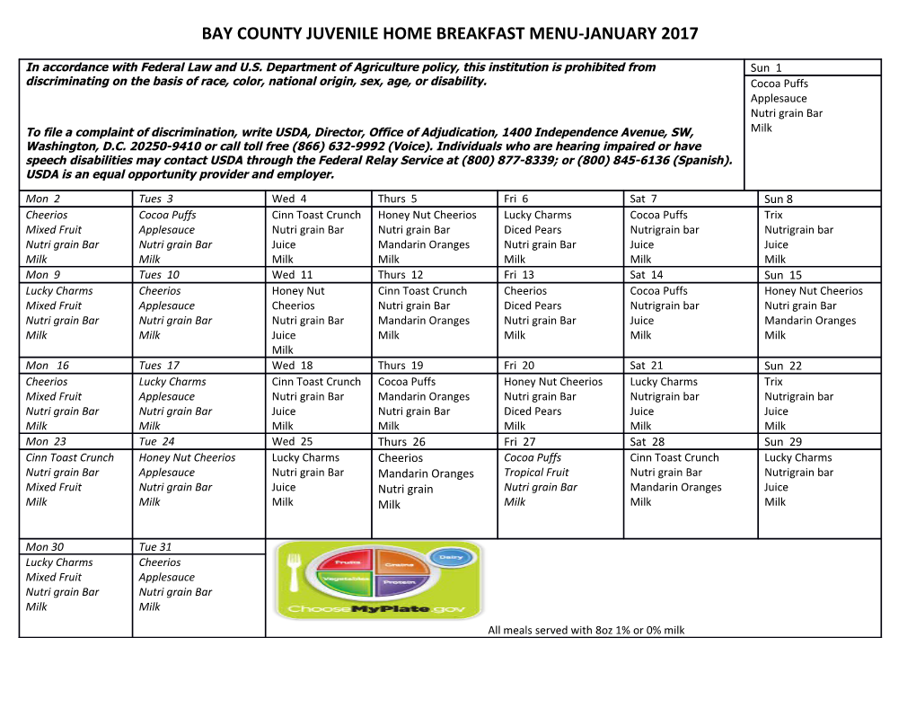 Bay County Juvenile Home Breakfast Menu-January 2017