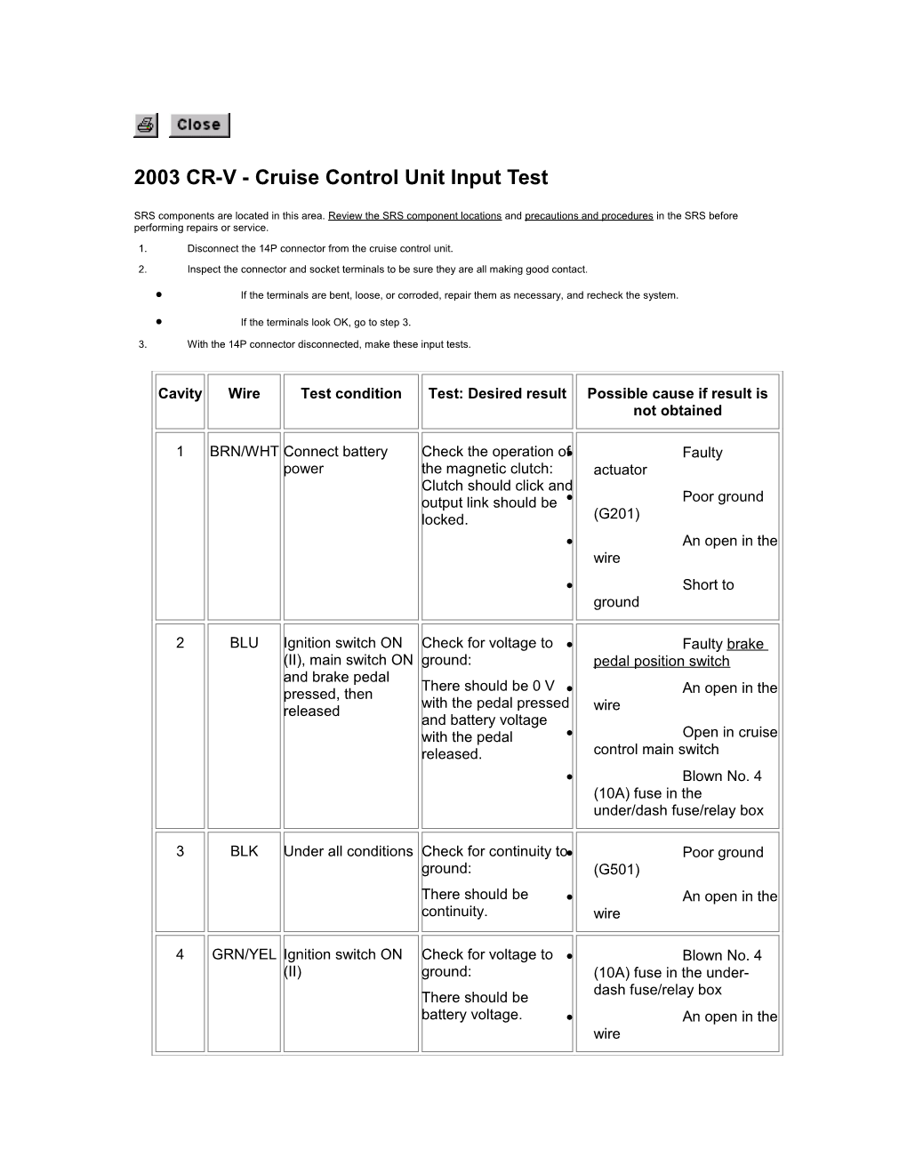 2003 CR-V - Cruise Control Unit Input Test