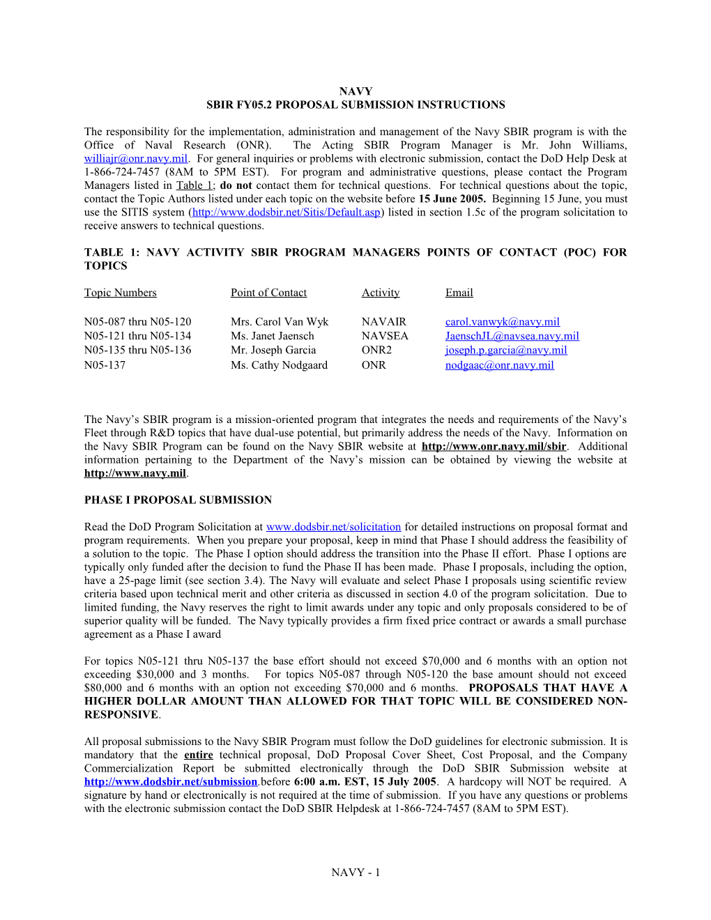 Sbir Fy05.2 Proposal Submission Instructions