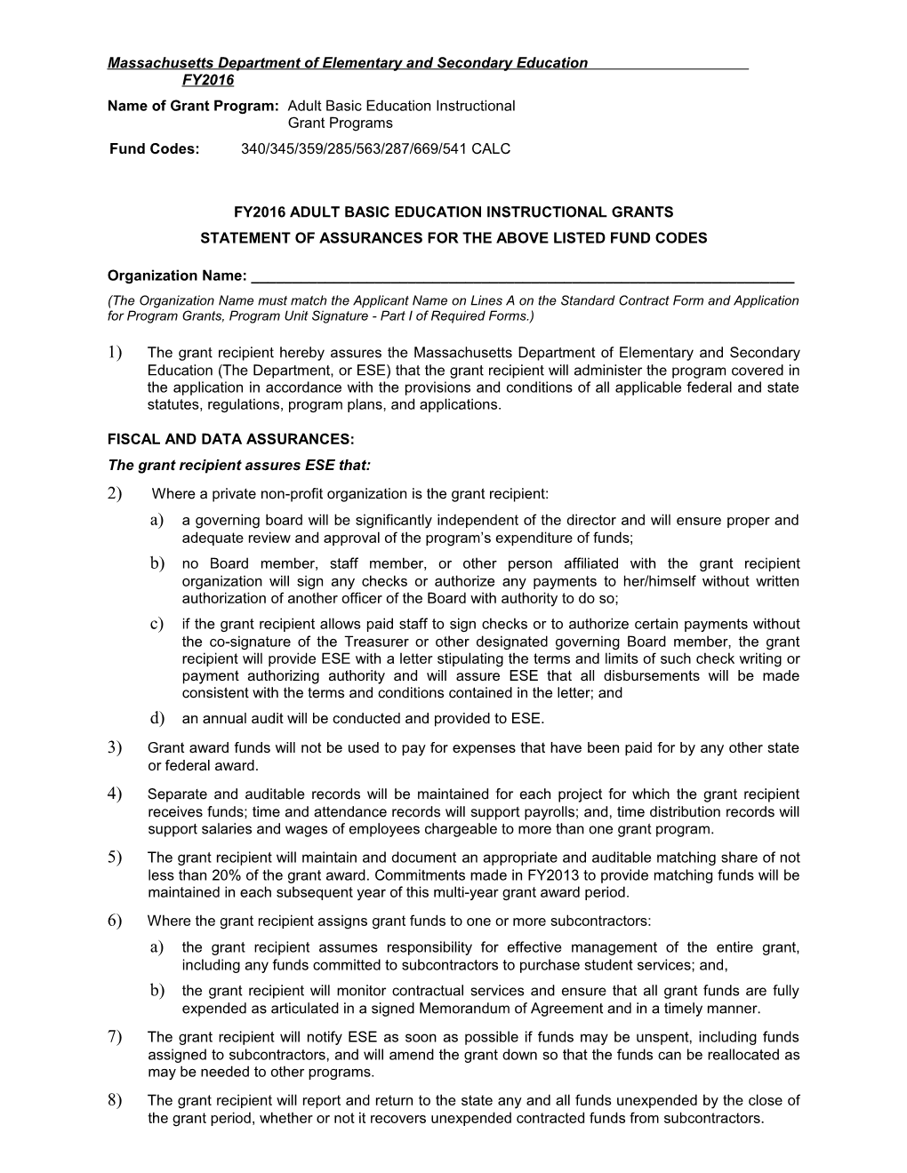 FY2016 Fund Code 563/285 Instructional Programs for Incarcerated Adults Statement of Assurances