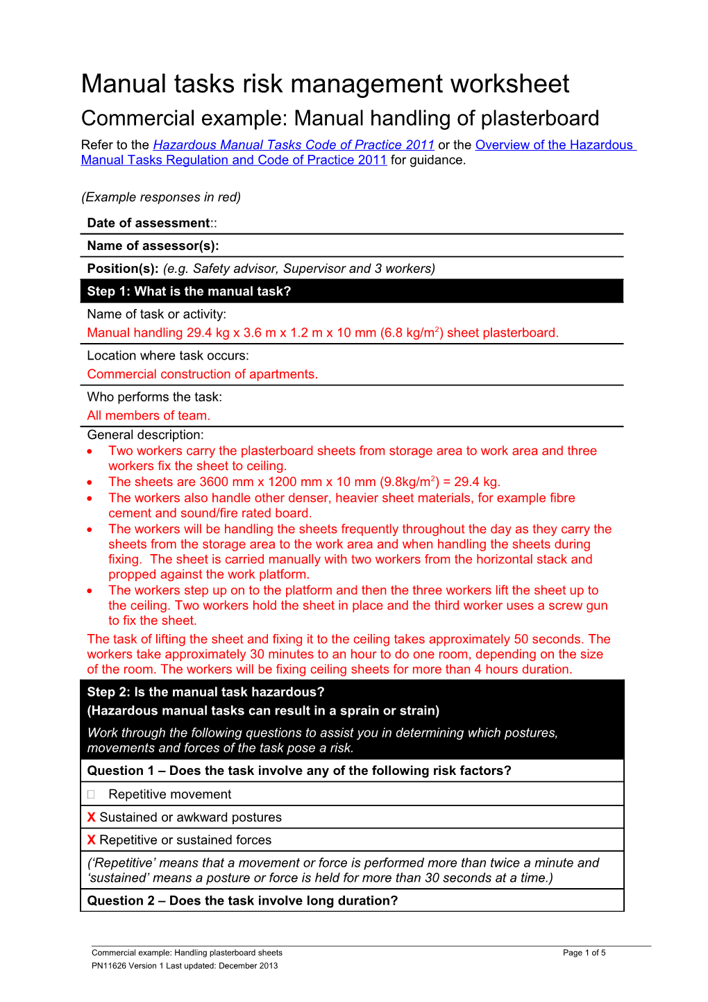 Handling Plasterboard: Manual Tasks Risk Management Worksheet