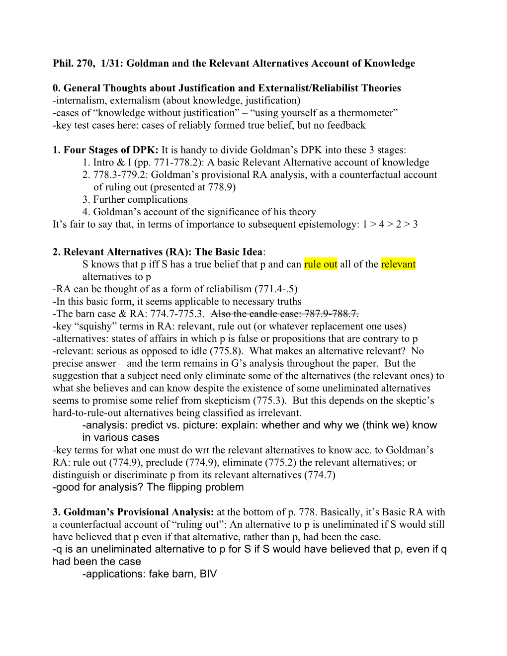 Phil. 270, 1/31: Goldman and the Relevant Alternatives Account of Knowledge