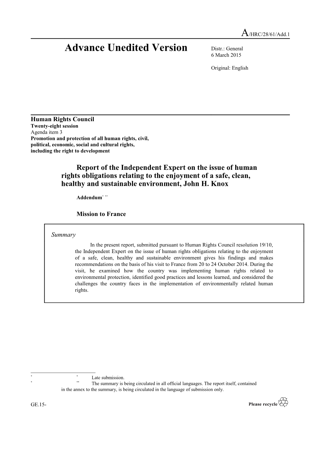 Addendum - Mission to France of the Report of the Independent Expert on the Issue of Human