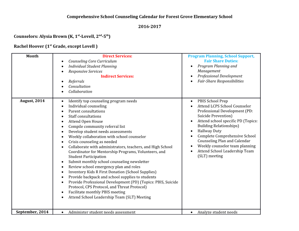 Comprehensive School Counseling Calendar for Forest Grove Elementary School