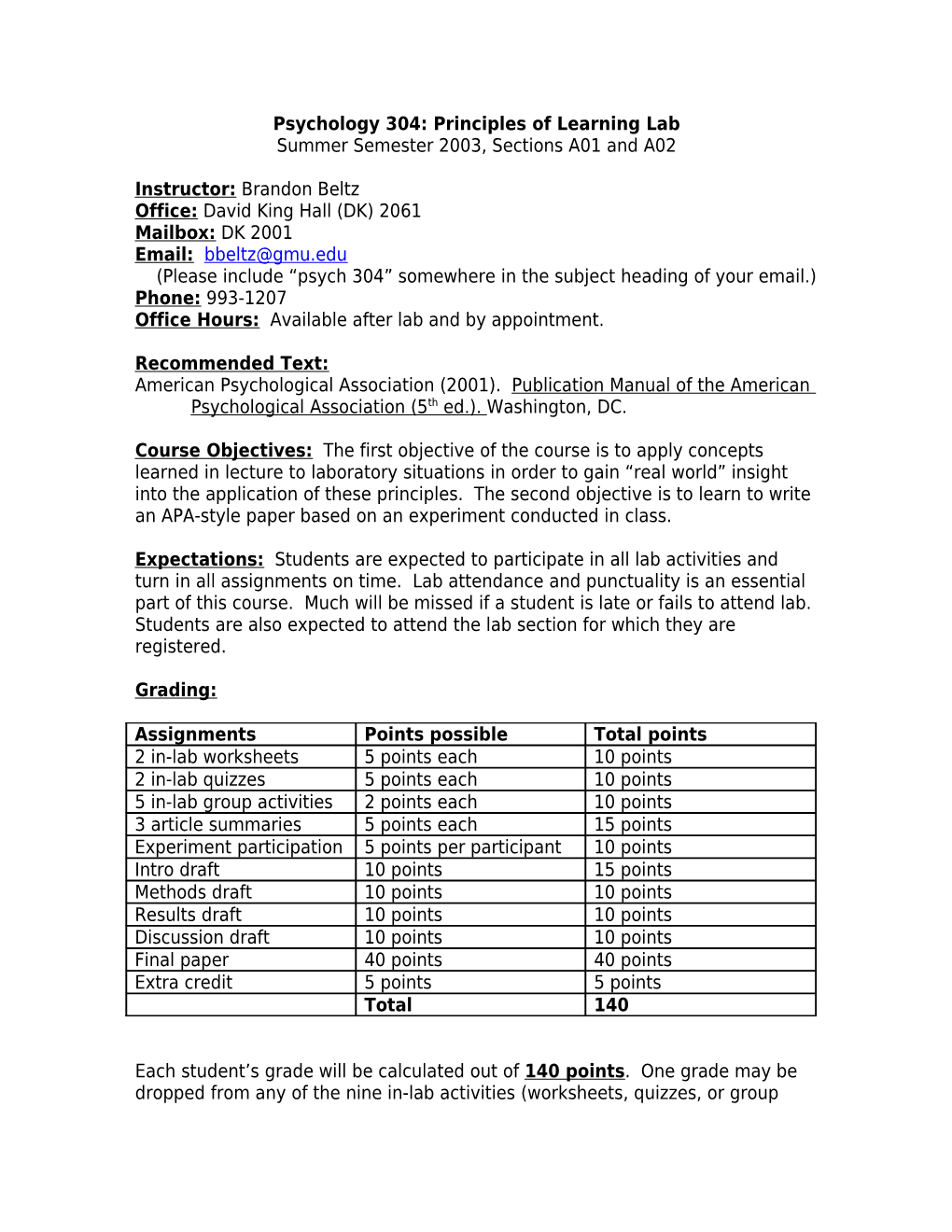 Psychology 304: Principles of Learning Lab