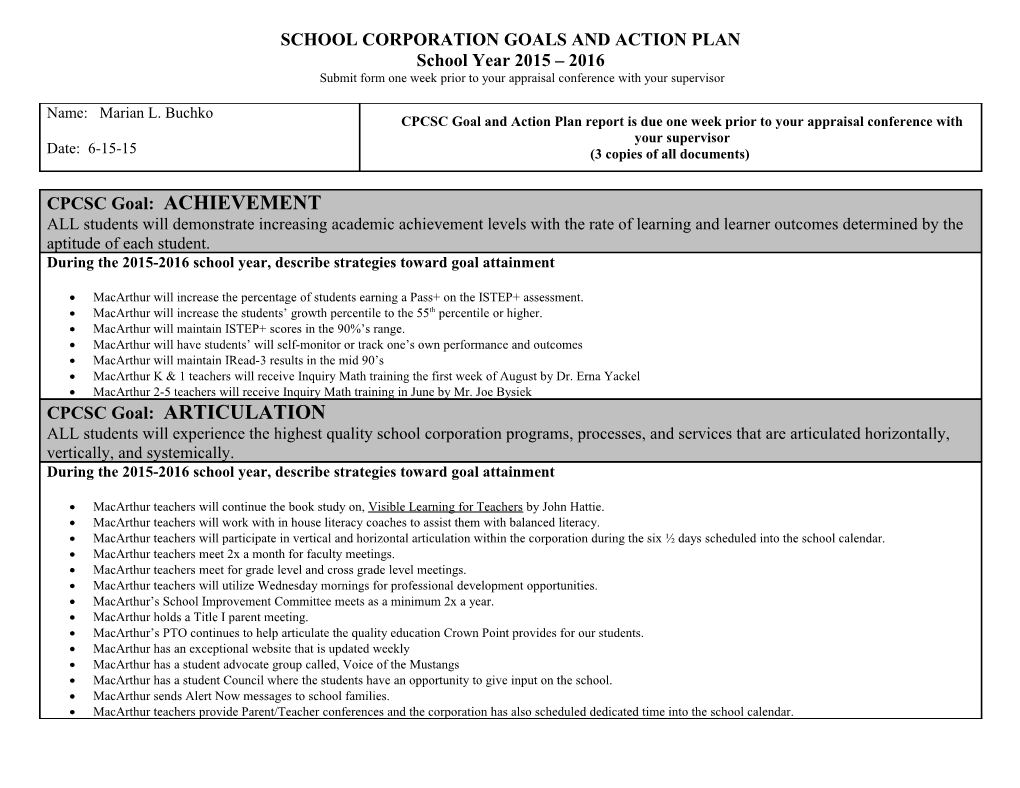 School Corporation Goals and Action Plan