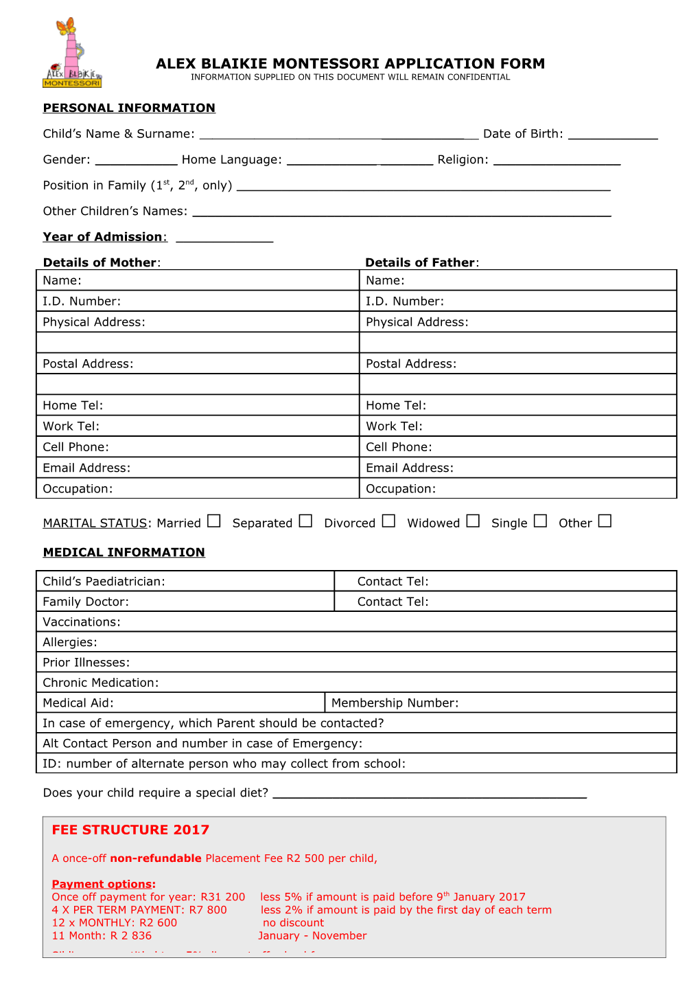 Alex Blaikie Montessori 2005 Registration Form